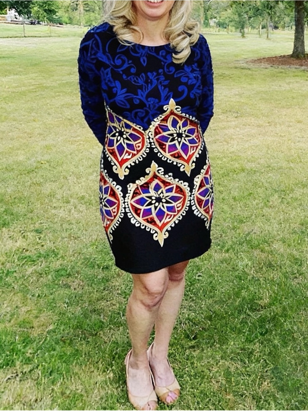 Blue and Black 3/4-Sleeve Patterned Dress